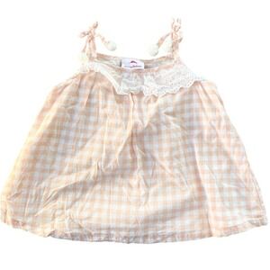Tommy Bahama Gingham Dress Pom Pom Tie Straps Lace Trim Peach 3T Sweet Preschool